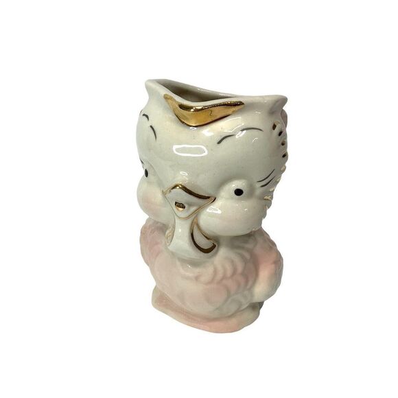 VIntage 1950's Shawnee Ceramic PInk Bird Owl Chick PItcher Creamer 6"  Gold Trim - Picture 8 of 10